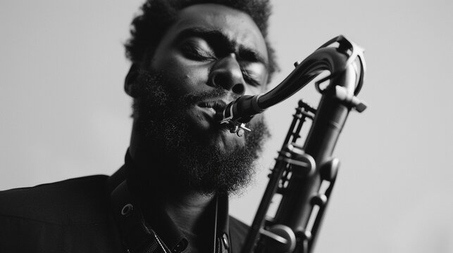 Man playing the saxophone with eyes closed, lost in the music, against a clean white background, background image, generative AI