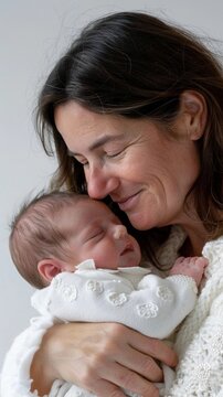 Mother gently kissing her newborn baby's forehead or cheek, with a smile on her face and eyes filled with adoration, background image, generative AI