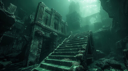 Adventure into the unknown, diving into deep waters to uncover the secrets of lost, sunken lost city - obrazy, fototapety, plakaty