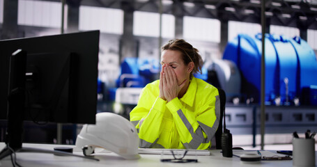 Unhappy Tired Woman Working In Power Plant Electricity