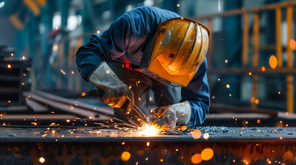 A skilled construction worker utilizes a welding torch to meticulously join metal parts, sparks flying as they create a strong and lasting bond