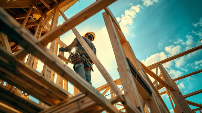 Photo of a house construction worker working on the frame stock