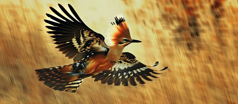 A mesmerizing image capturing a hoopoe bird gracefully soaring through the air, showcasing the stunning elegance of its flight with wings spread wide.