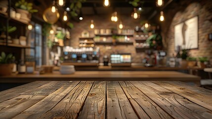 Wooden board empty Table Top And Blur Interior over blur in coffee shop Background, Mock up for display of product