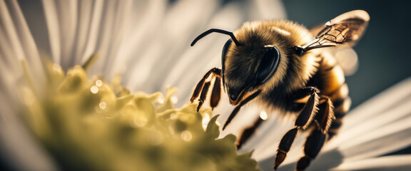 Bee on a white flower with a yellow center, surrounded by other similar flowers in a field. - Powered by Adobe