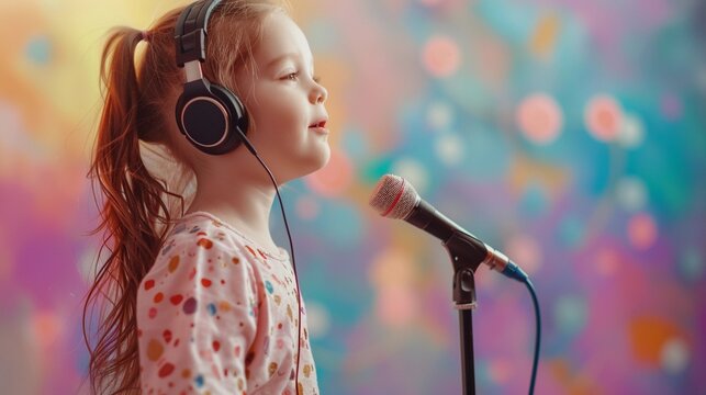 A white little girl wearing headphone while singing in front of microphone against colorful pastel background, background image, generative AI