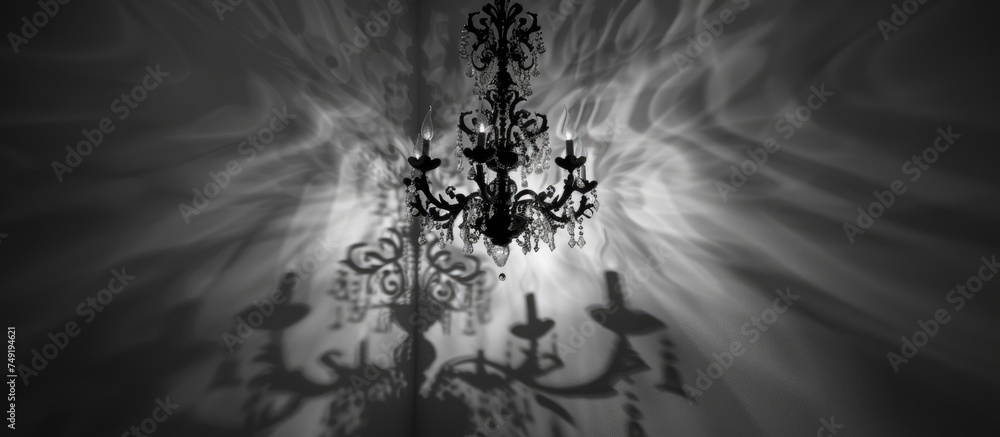 Poster a chandelier, small in size, projects a shadow in black and white on a plain wall. the shadow is cle