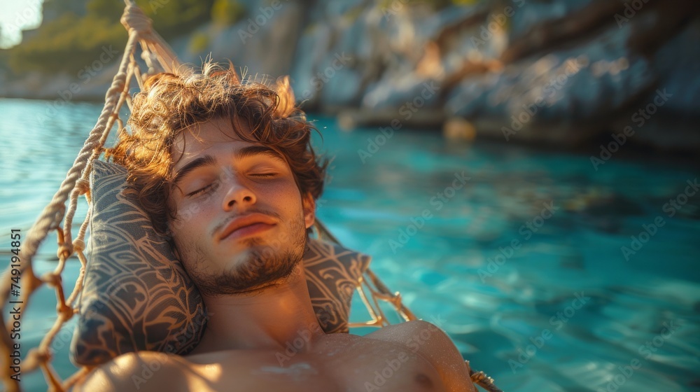 Poster close-up of a young man sleeping on hammock in front of idyllic sea at beach