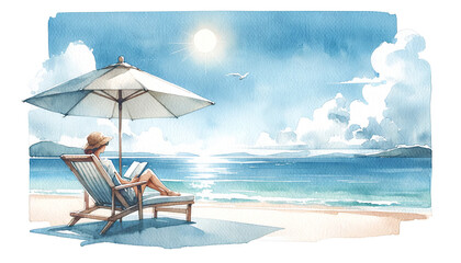 watercolor illustration of a person reclining on a beach chair under a sun umbrella
