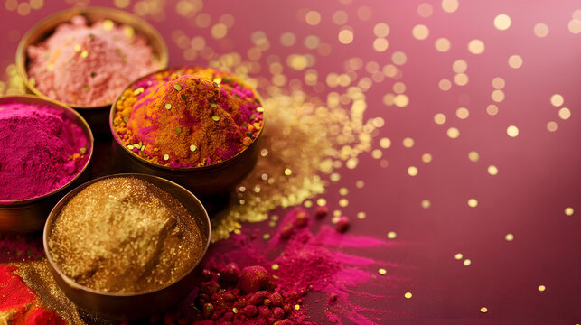Vibrant colorful red and pink Gulal pigment powders in golden Indian traditional bowls on blurred gold glittering background with copy space for text. Top view. © Kanlayarawit