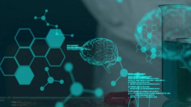 Animation of digital brain with molecules and data processing over beaker with liquid and test tube