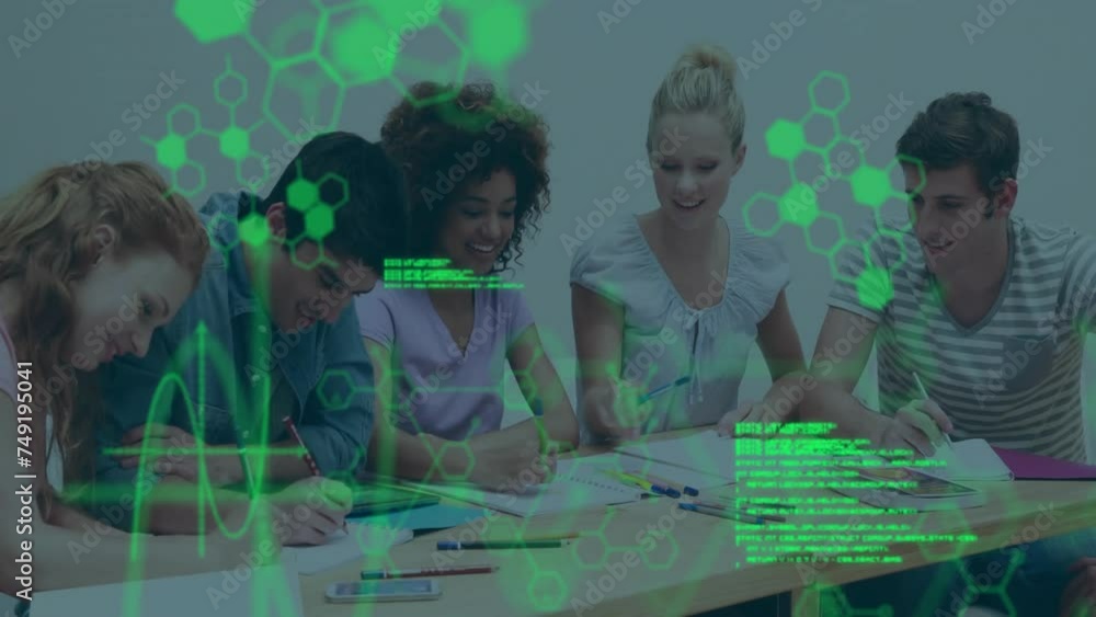 Poster animation of chemical formula and data processing over diverse students learning together