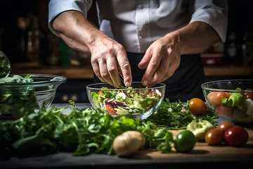 Fotobehang Close up of male hands mixing fresh salad in bowl © Shipons Creative