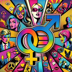 pop art-style collage that melds the iconic female and male symbols