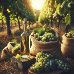 A bottle of white wine sitting in a sea grapes and harvest of hessian bags filled with fruit