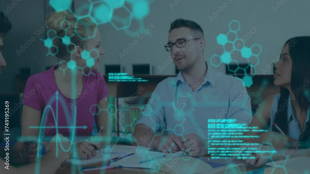 Poster animation of chemical formula and data processing over diverse students learning together