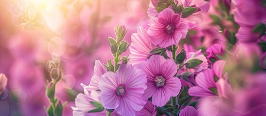 A cluster of mallow flowers with lilac pink petals standing tall amongst the green grass in a natural setting. The delicate blooms add a touch of color to the vibrant greenery of the grass. - obrazy, fototapety, plakaty