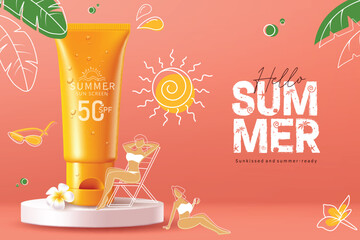 Summer sunscreen podium vector banner design. Hello summer greeting text with sunblock lotion for hot sun protection elements product promotion. Vector illustration summer sunscreen advertisement 