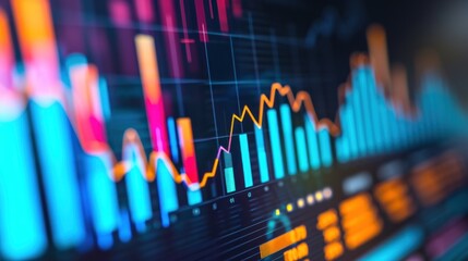 analysis on the monitor. Concept of fundamental and technical analysis. Stock market charts