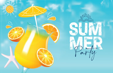 Summer party text vector design. Summer party invitation with orange fruit drink refreshment element for tropical season holiday beach event and celebration background. Vector illustration summer 