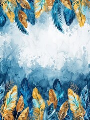 A watercolor painting featuring vibrant blue and yellow feathers, intricately detailed and beautifully rendered on paper.