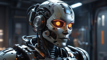 Fototapeta premium Robot face, artificial intelligence. Threat to humanity, generative AI