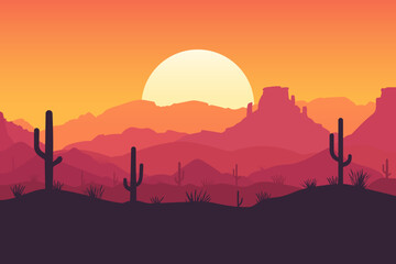 Beautiful desert wild west landscape with mountains and cacti at sunset. Vector illustration of desert nature with silhouettes of cacti, bushes and sandstones. © LoveSan