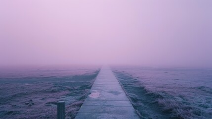 concrete road through thick fog in arid grasslands