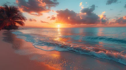 Rolgordijnen Beautiful sunset beach landscape, exotic tropical island nature, blue sea water, ocean waves, colorful red yellow sky, © Dushan