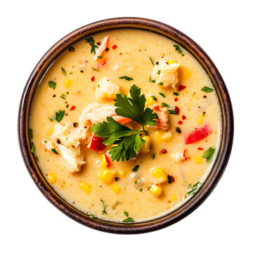 top view of a delicious-looking Corn and Crab Chowder Soup kept in food photography style isolated on a white transparent background
