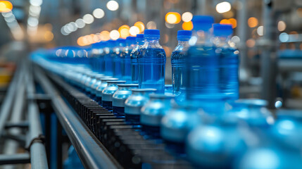 Conveyor belt, juice in bottles, beverage factory interior in blue color, industrial production...