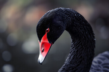 Black swan on water surface, close up. Neural network generated image. Not based on any actual scene or pattern.