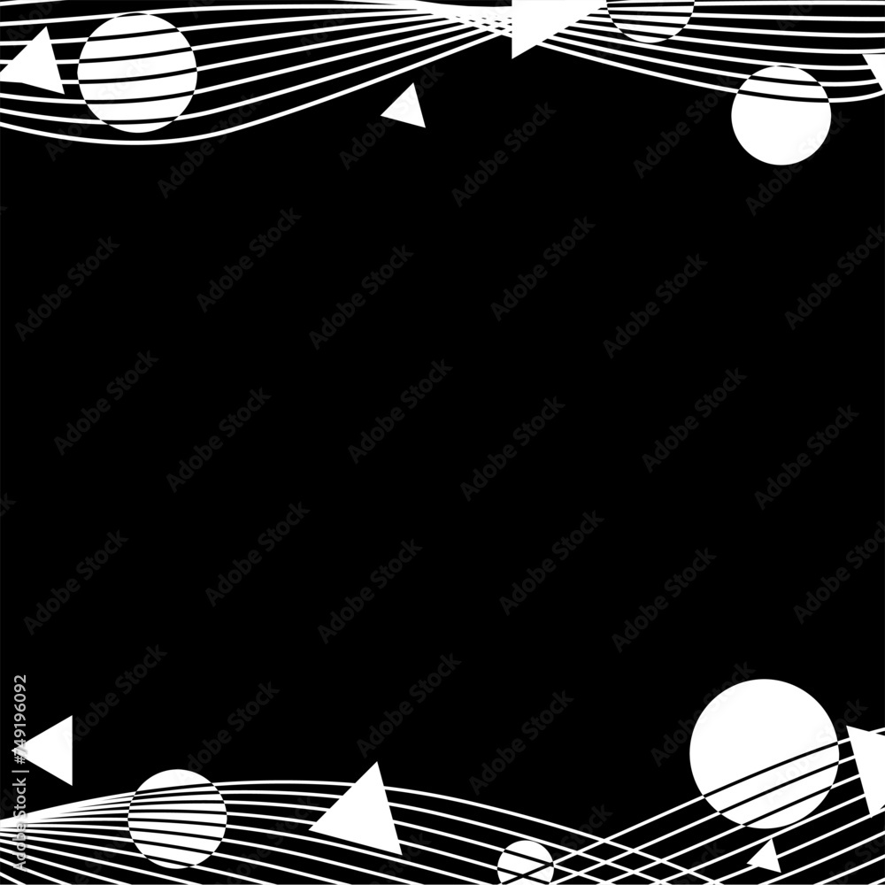 Poster white curved line waves with abstract circle and triangles on black background