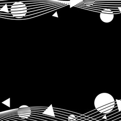 White Curved Line Waves with Abstract Circle and Triangles on Black Background