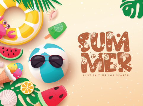 Summer greeting text vector template design. Summer text greeting with beachball, floaters, sunglasses and ice cream in sand seashore background. Vector illustration summer tropical season design.
