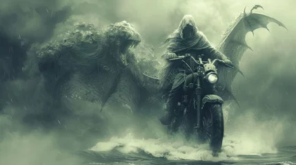 Foto op Canvas a man riding on the back of a motorcycle next to a giant monster in the middle of a foggy sky. © Viktor