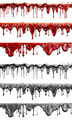 2 Set of long Wave red maroon grey gray liquid paint splash melting dripping on transparent background cutout, PNG file. Many assorted different design. Mockup template for artwork graphic design