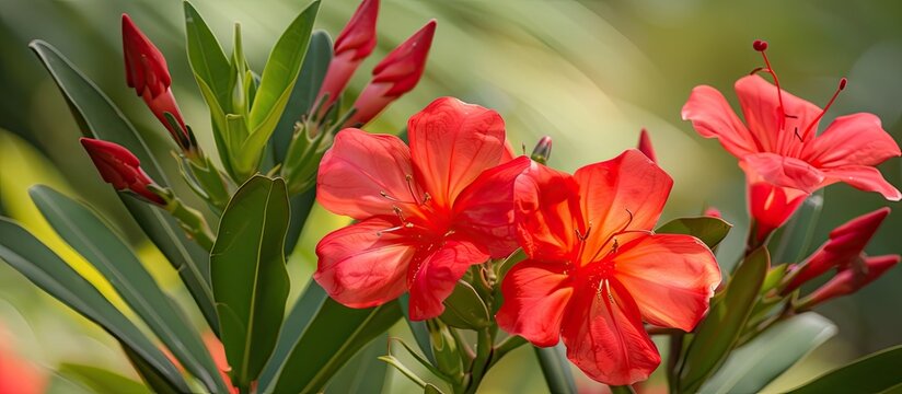 A collection of bright red nerium oleander flowers gathered together in a vase, showcasing their striking color and beauty. The blossoms are clustered tightly, filling the vase with a burst of vibrant