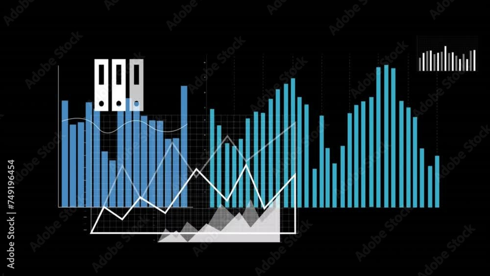 Aufkleber animation of financial data processing with business icons on black background