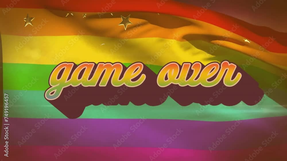 Poster animation of game over text with stars over rainbow flag on black background