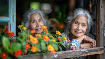 a couple of women sitting next to each other on a window sill with flowers in the window sill.