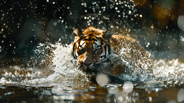 Amur tiger playing in the water Siberia, generative ai