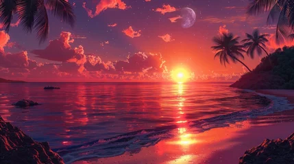 Crédence de cuisine en verre imprimé Violet Beach Sunset Palm Tree Silhouette 