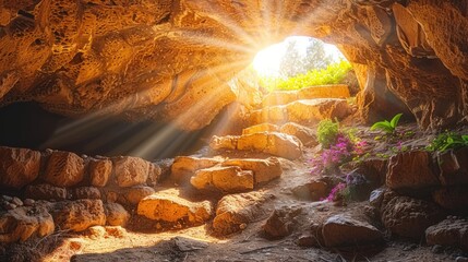 the sun shines through a cave with rocks and plants in the foreground and a small patch of purple flowers in the foreground.