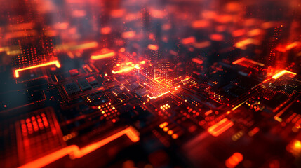 Fototapeta na wymiar Abstract futuristic background in red and yellow colors. Digital technologies, abstract microcircuits and processors. Bokeh effect. AI generative