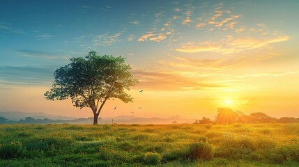 Fototapeta na wymiar World environment day concept: Calm of country meadow sunrise landscape background.