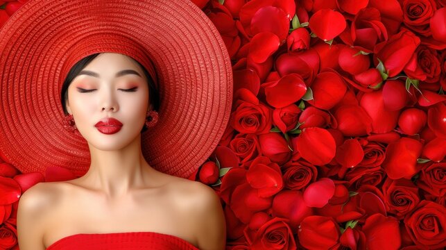 a woman in a red dress and a large red hat with her eyes closed in front of a wall of red roses.