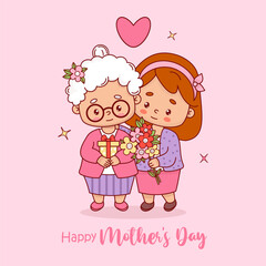 Cute festive elderly woman mother with adult daughter with bouquet of flowers and gift. Mother's Day card. Vector illustration flat cartoon style. Positive holiday female character