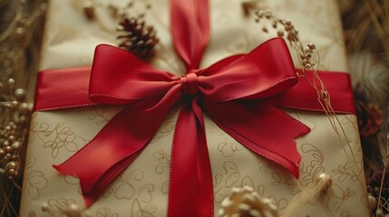 a close up of a present wrapped in paper with a red ribbon and a pine cone on top of it.