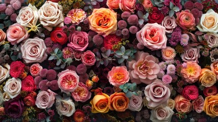 a bunch of flowers that are all over the place in front of a wall that is covered in pink, orange, and red flowers.